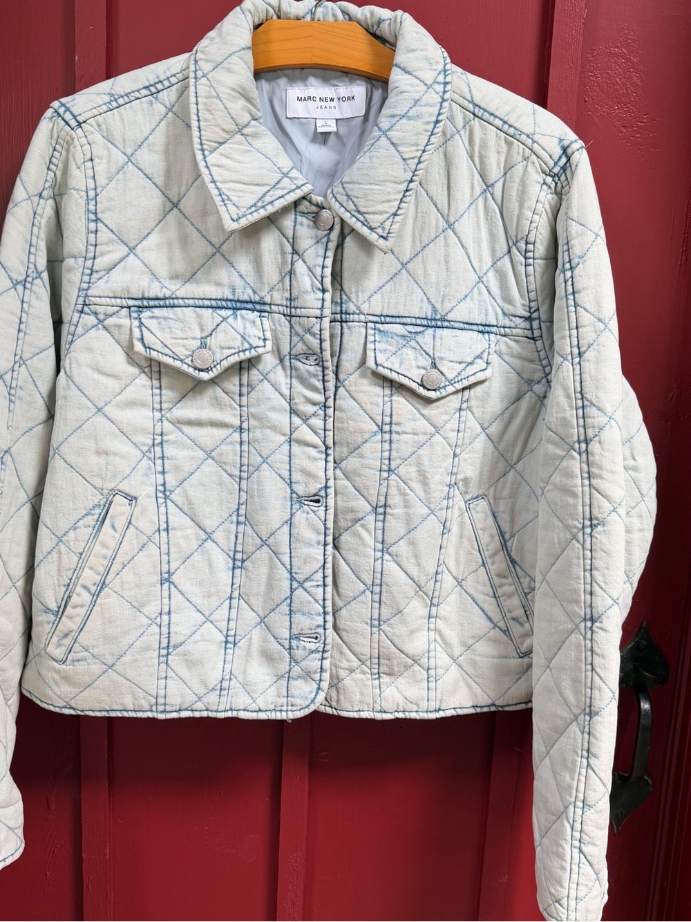 Marc New York Quilted Cream Jacket with Blue Stitching Detail